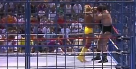 Hulk Hogan battles Andre The Giant inside the classic blue cage